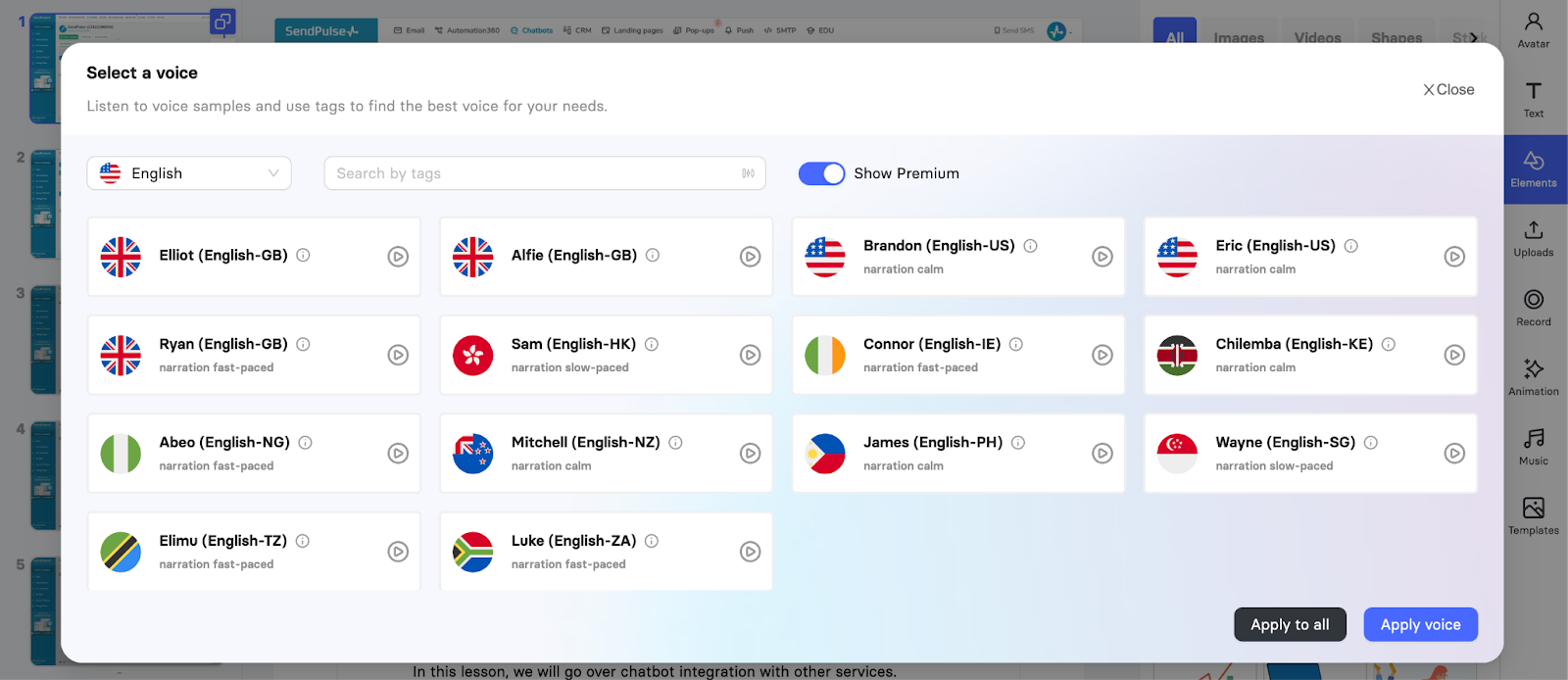 Выбор языка и акцента для озвучки в Elai.io Выбор языка и акцента для озвучки в Elai.io