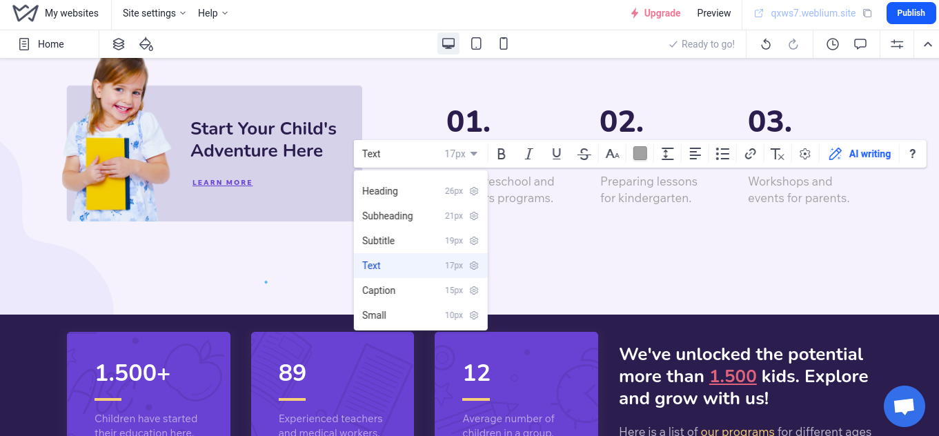 Внутри шаблона доступны стандартные элементы редактирования и заполнения. В том числе трендовая опция: искусственный интеллект для генерации контента