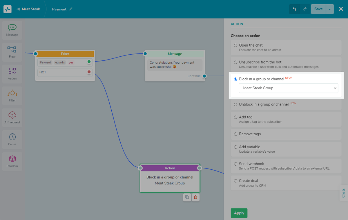 Налаштування опції блокування учасника в чат-боті, створеному на платформі SendPulse