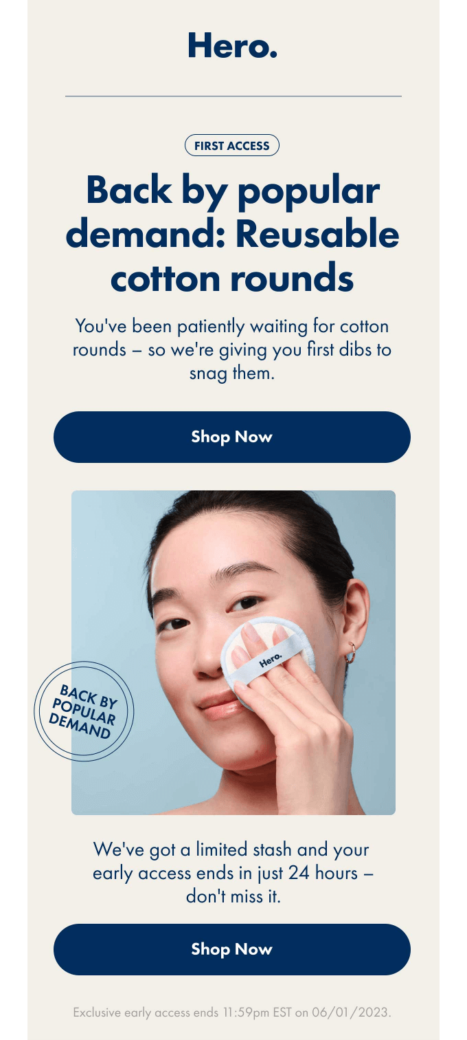 Un exemple d'email de retour en stock de Hero Cosmetics 