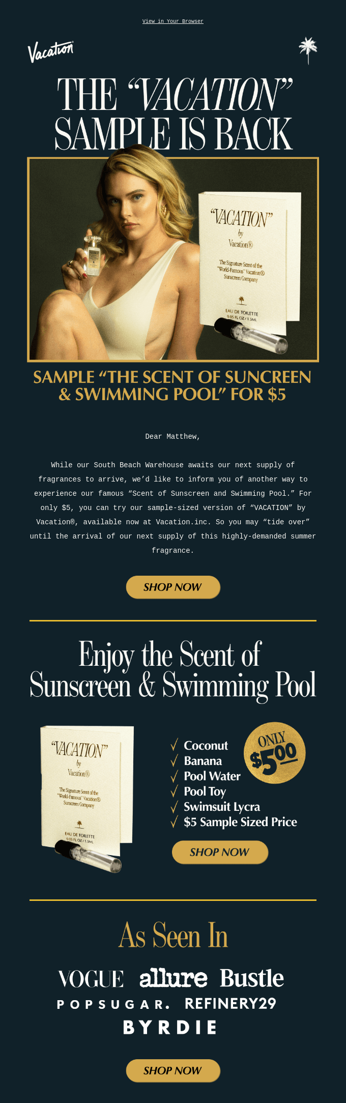 Un exemple d'email de retour en stock de Vacation 