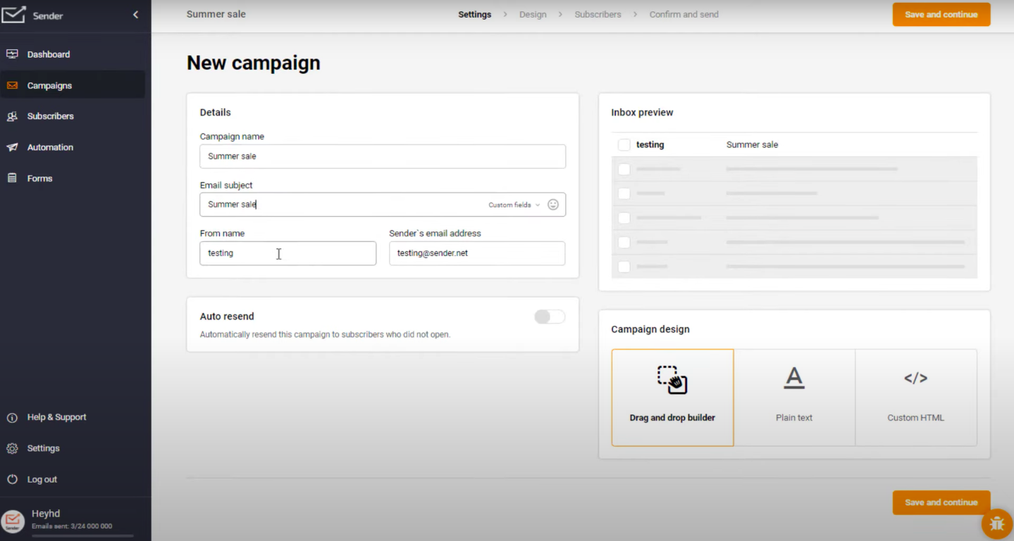 Lancement d’une campagne email avec Sender ; source : YouTube