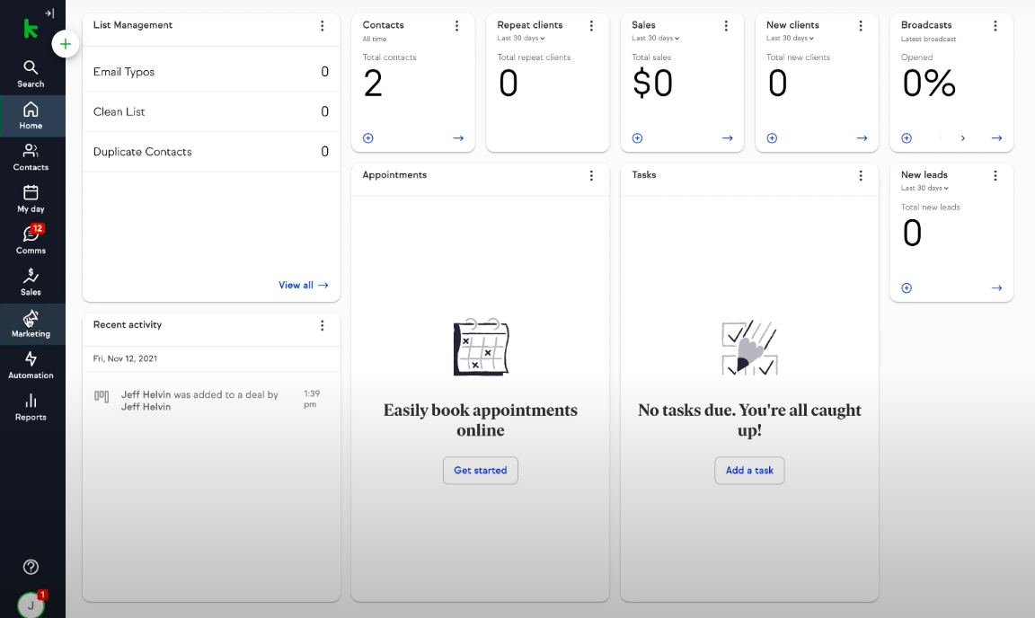 Le tableau de bord de Keap ; source : YouTube