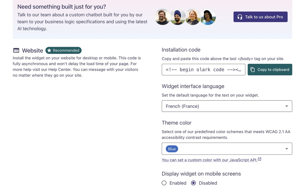 Configuration du widget de chat dans Olark