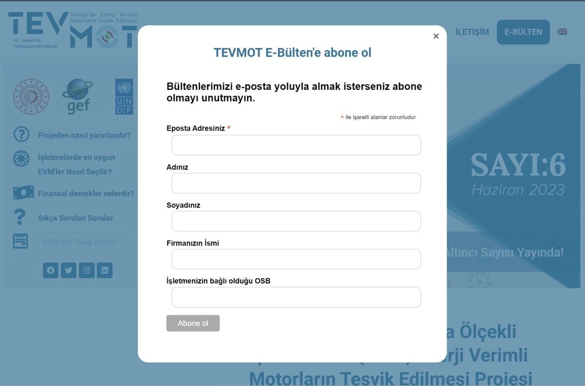 TEVMOT Landing Page e-bülten aboneliği örneği