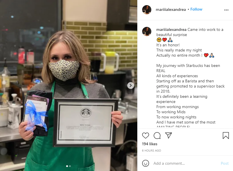 Один з прикладів публікації, які Starbucks заохочує робити співробітників для участі в програмі бренд-амбасадорів Один з прикладів публікації, які Starbucks заохочує робити співробітників для участі в програмі бренд-амбасадорів