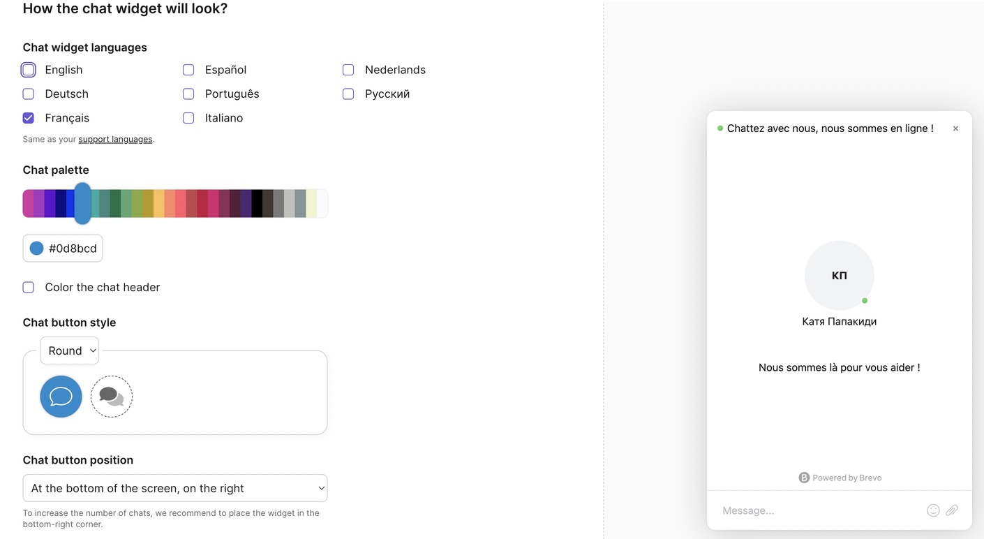 Configurations du widget de chat dans Brevo