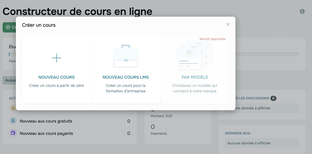 Avant de créer un cours, vous verrez l'écran de bienvenue