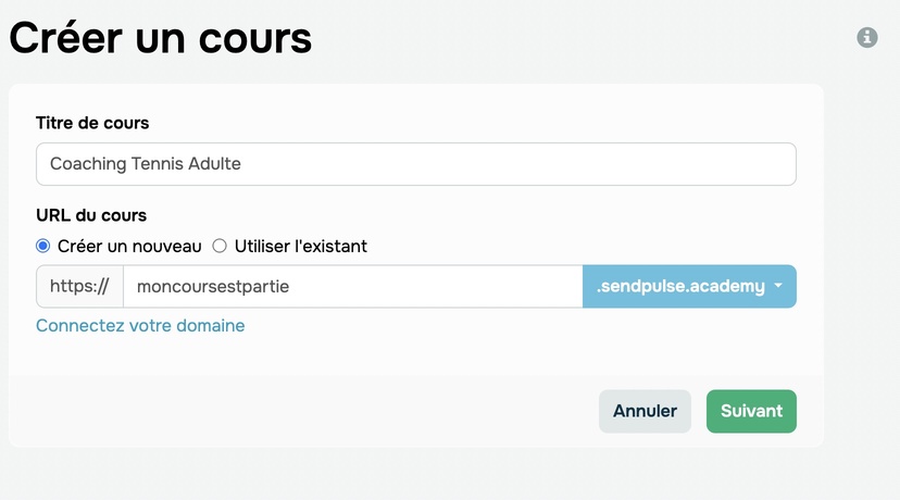 Entrez le nom du cours et définissez l'URL de votre page de cours