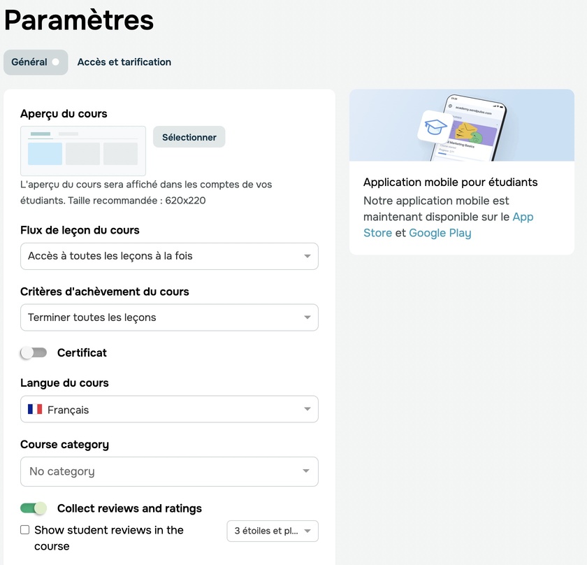 Configurez vos options de cours dans l'onglet « Paramètres »