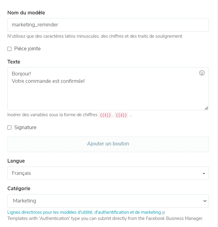 Après avoir rempli le modèle de message, envoyez-le à WhatsApp pour approbation