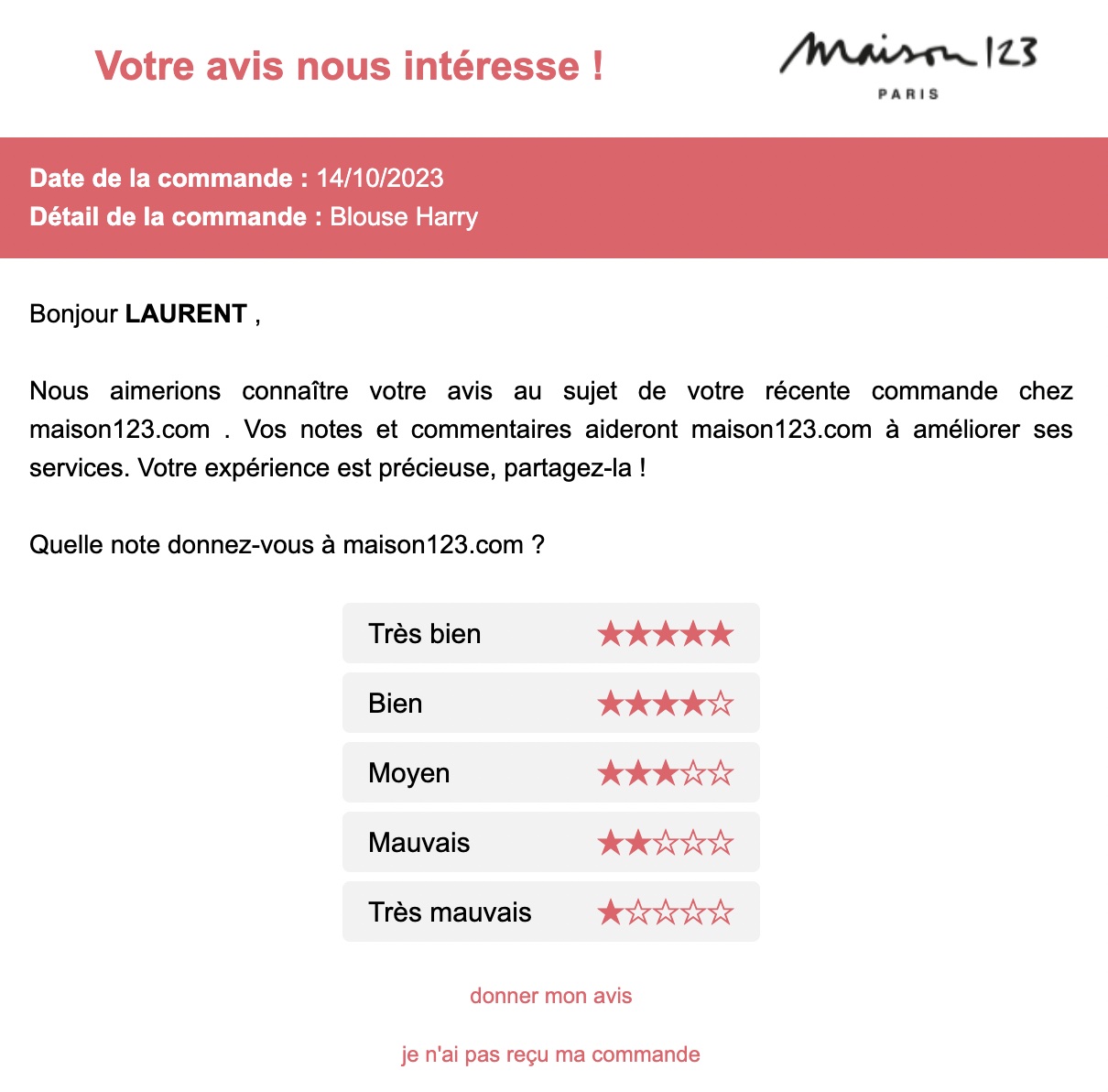 Un email d'enquête de Maison123
