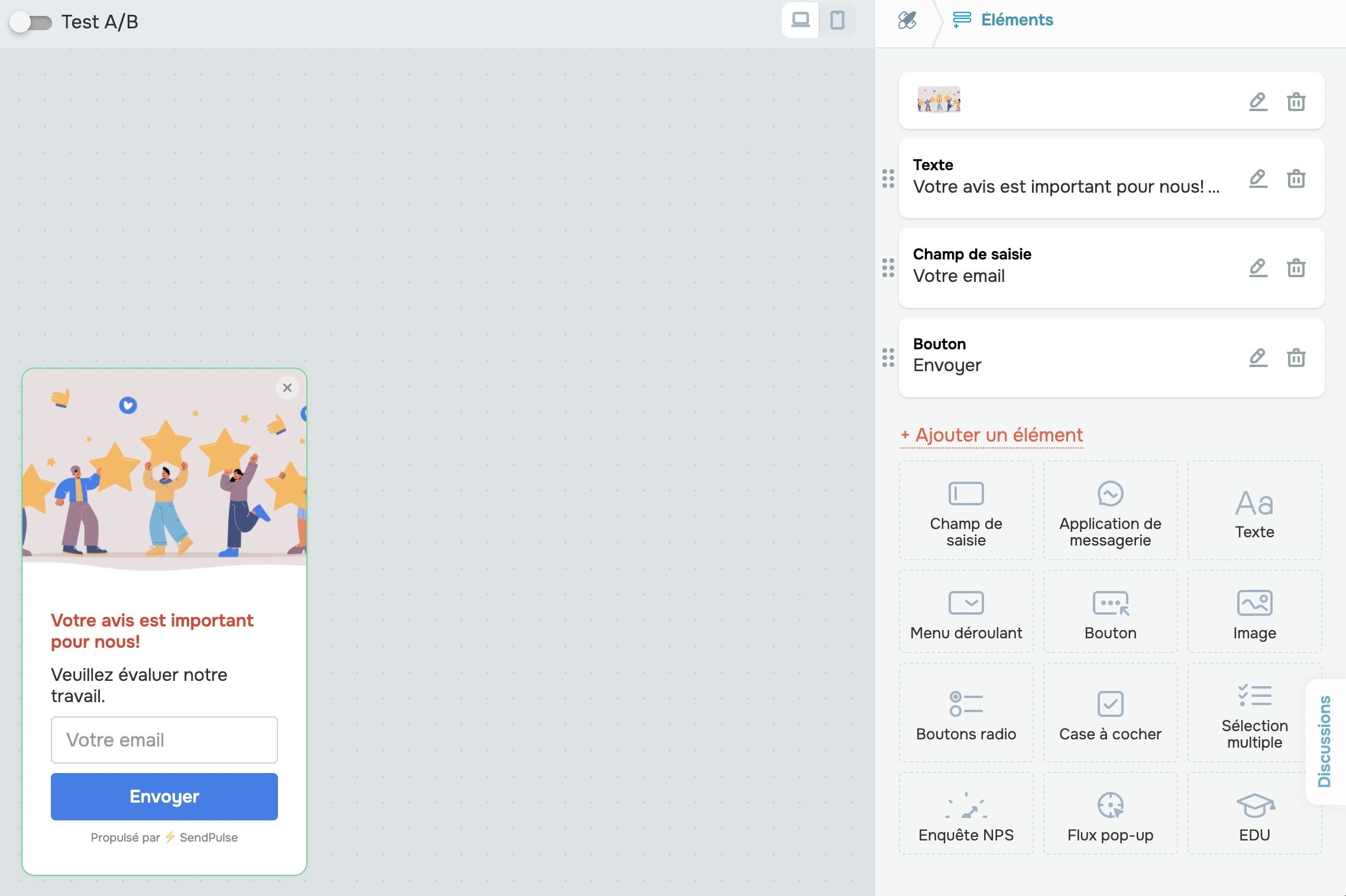 Un éditeur pop-up dans SendPulse