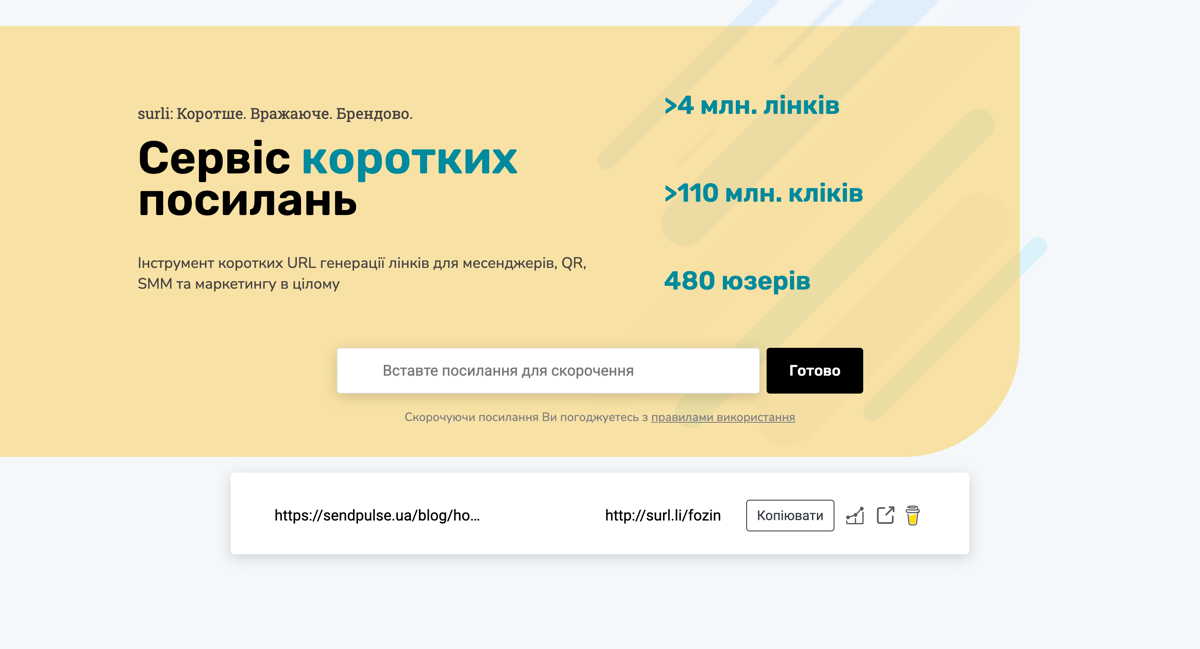 Результат роботи скорочувача посилань Surl.li
