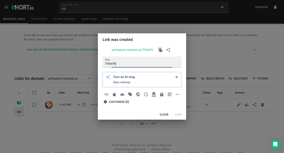 Результат скорочення посилання на Short.io