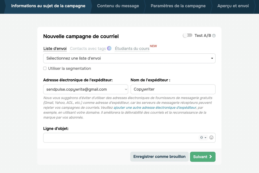 Création d'une newsletter dans SendPulse