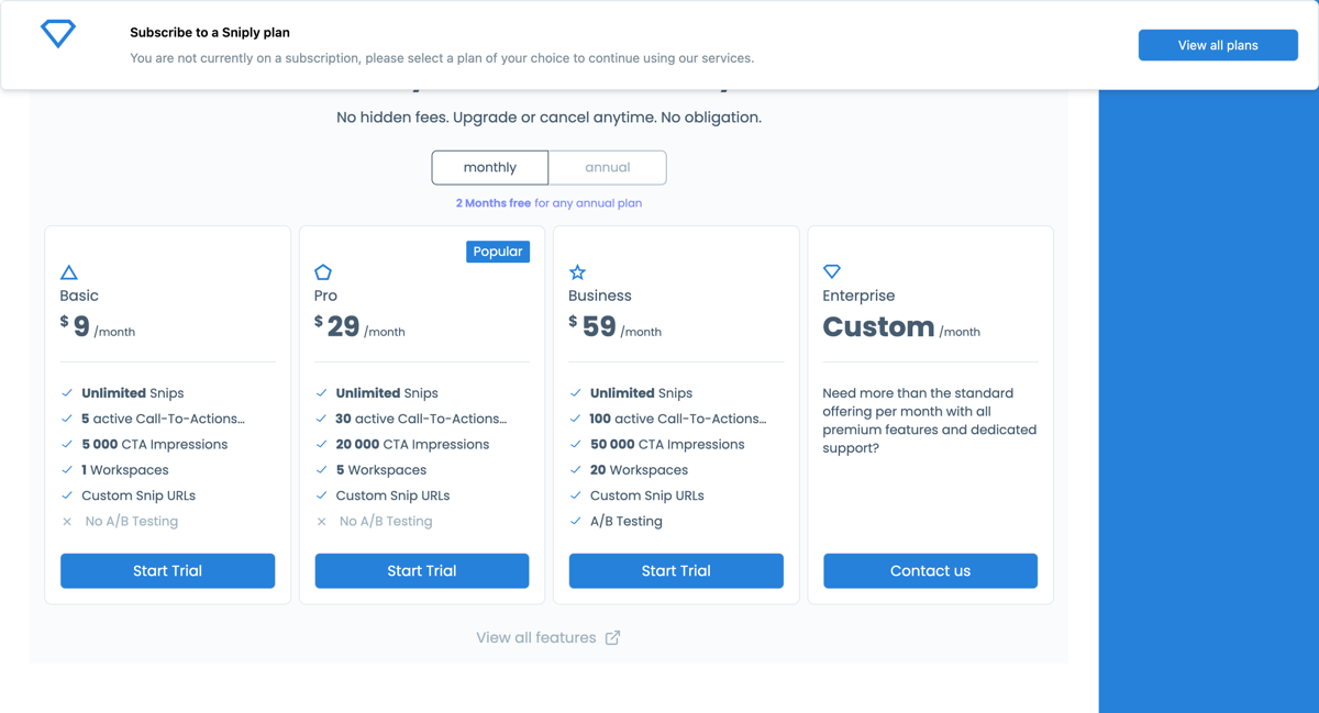 Тарифні плани Sniply