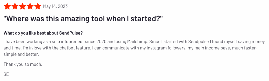 A customer’s review about moving from Mailchimp to SendPulse; source: G2