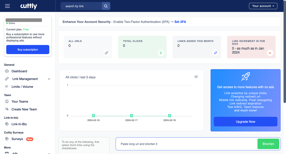 Панель користувача в сервісі Cuttly