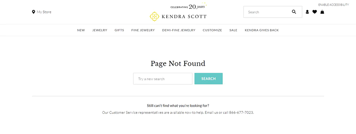 La página de error 404 de Kendra Scott busca facilitar la navegación ante un error La página de error 404 de Kendra Scott busca facilitar la navegación ante un error