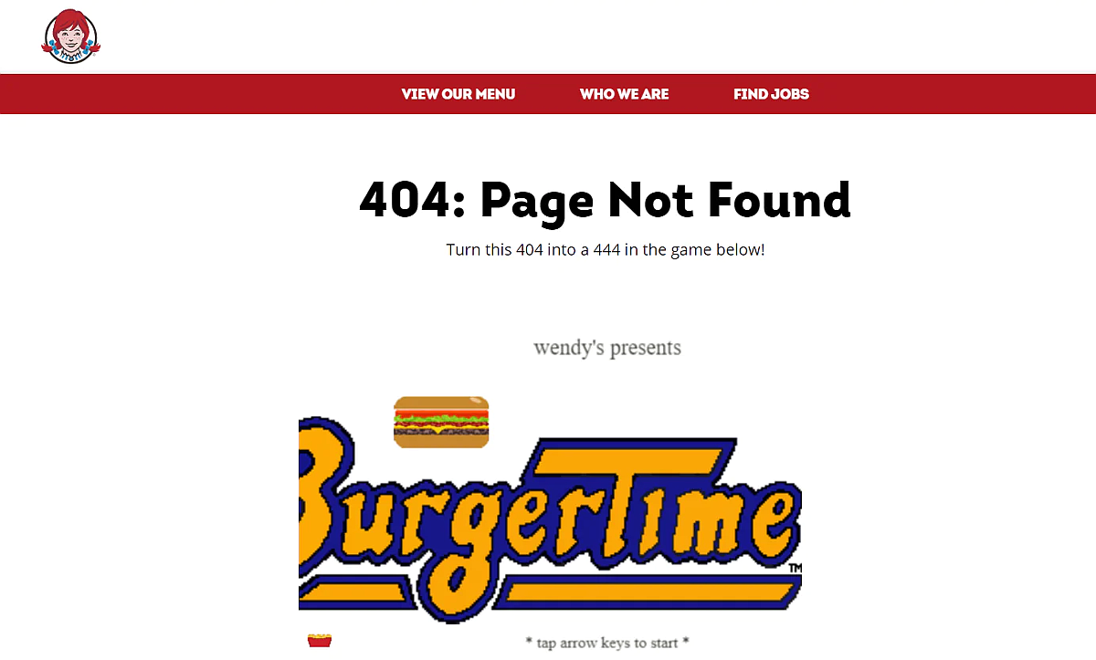 Wendy's ofrece una gran página de error 404 con juegos para los usuarios Wendy's ofrece una gran página de error 404 con juegos para los usuarios