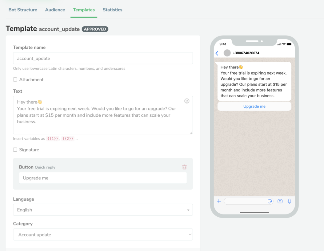 modello di aggiornamento dell'account 