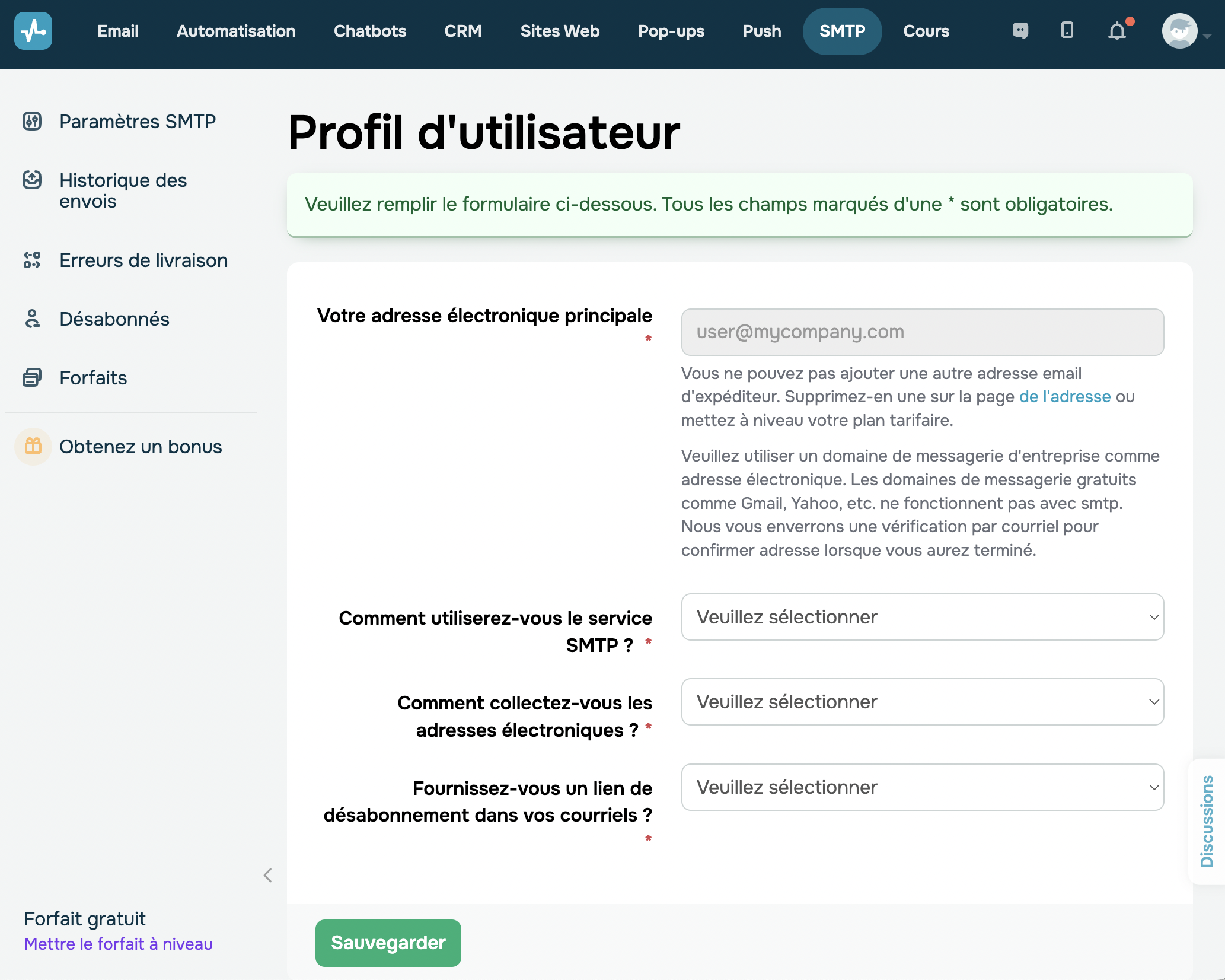 Création d'un profil utilisateur dans SendPulse Création d'un profil utilisateur dans SendPulse