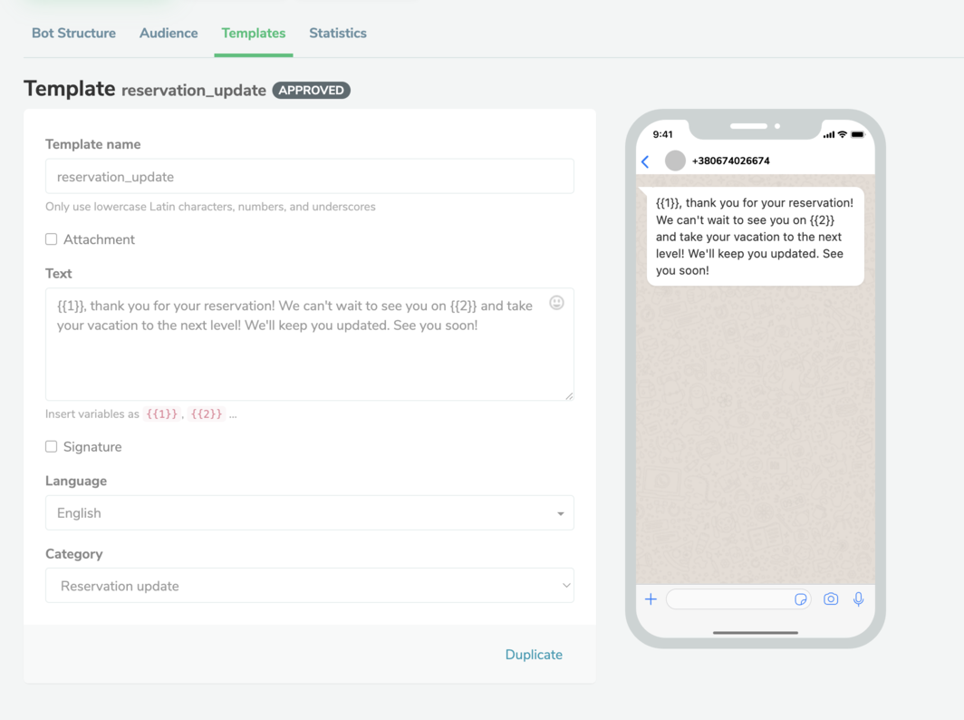 modello di aggiornamento della prenotazione