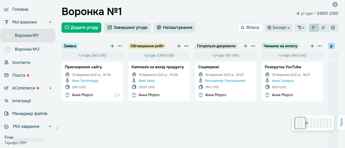 Інтерфейс CRM SendPulse