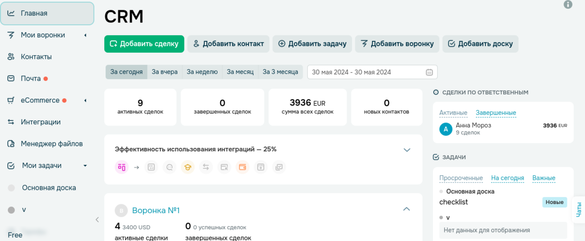 Интерфейс CRM SendPulse