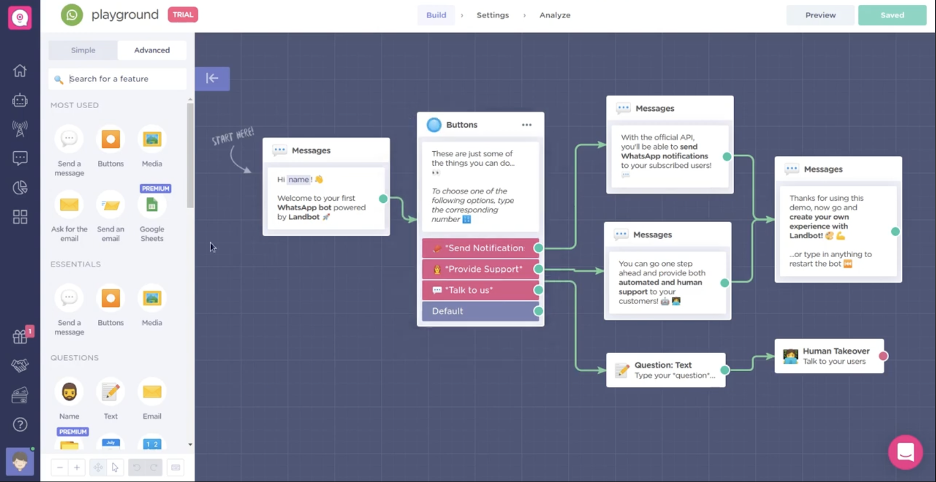 Creador de flujo de chatbot para WhatsApp con Landbot