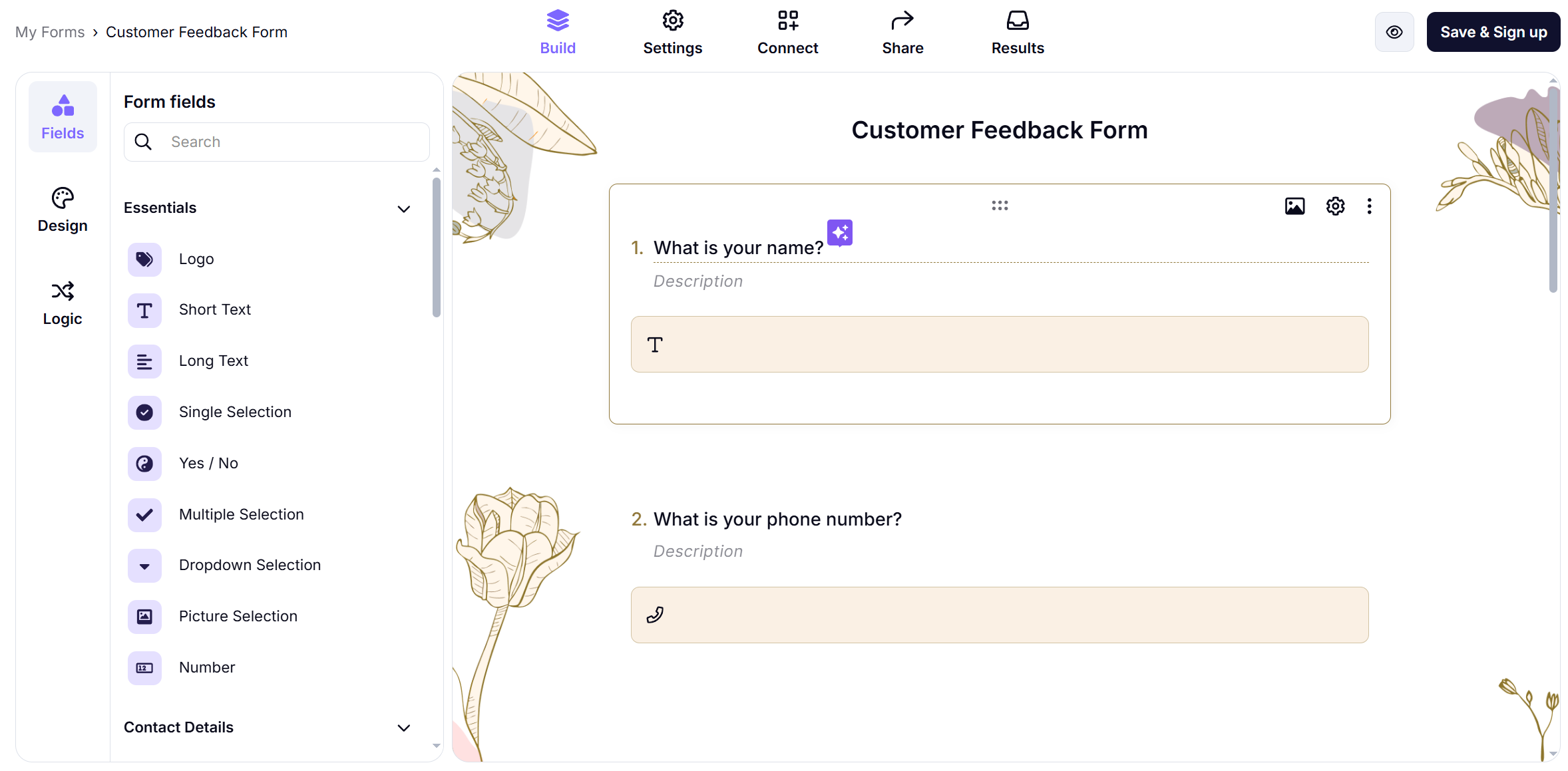 customer feedback form in forms.app