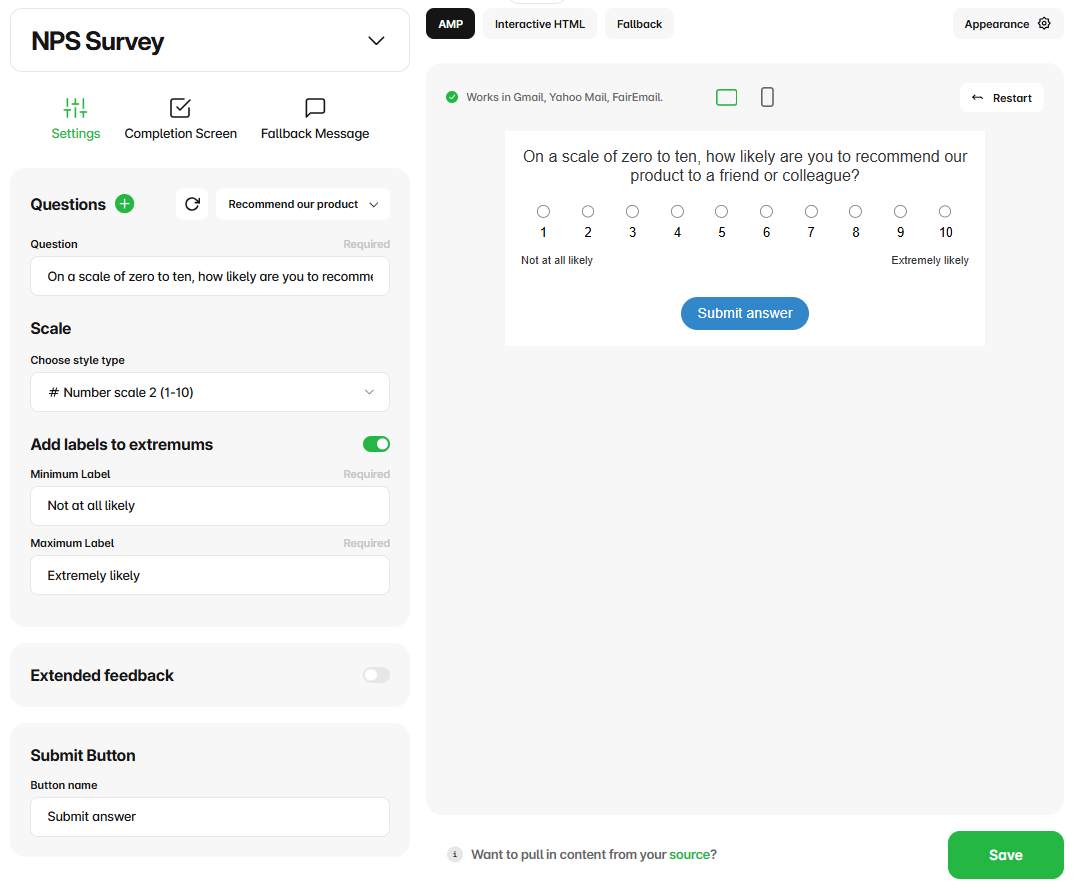 NPS survey block for an email