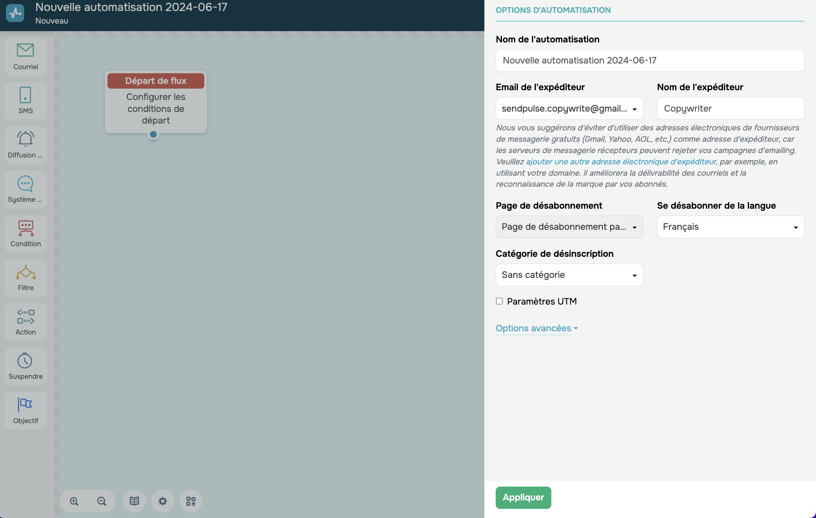 Configuration d'une nouvelle automatisation