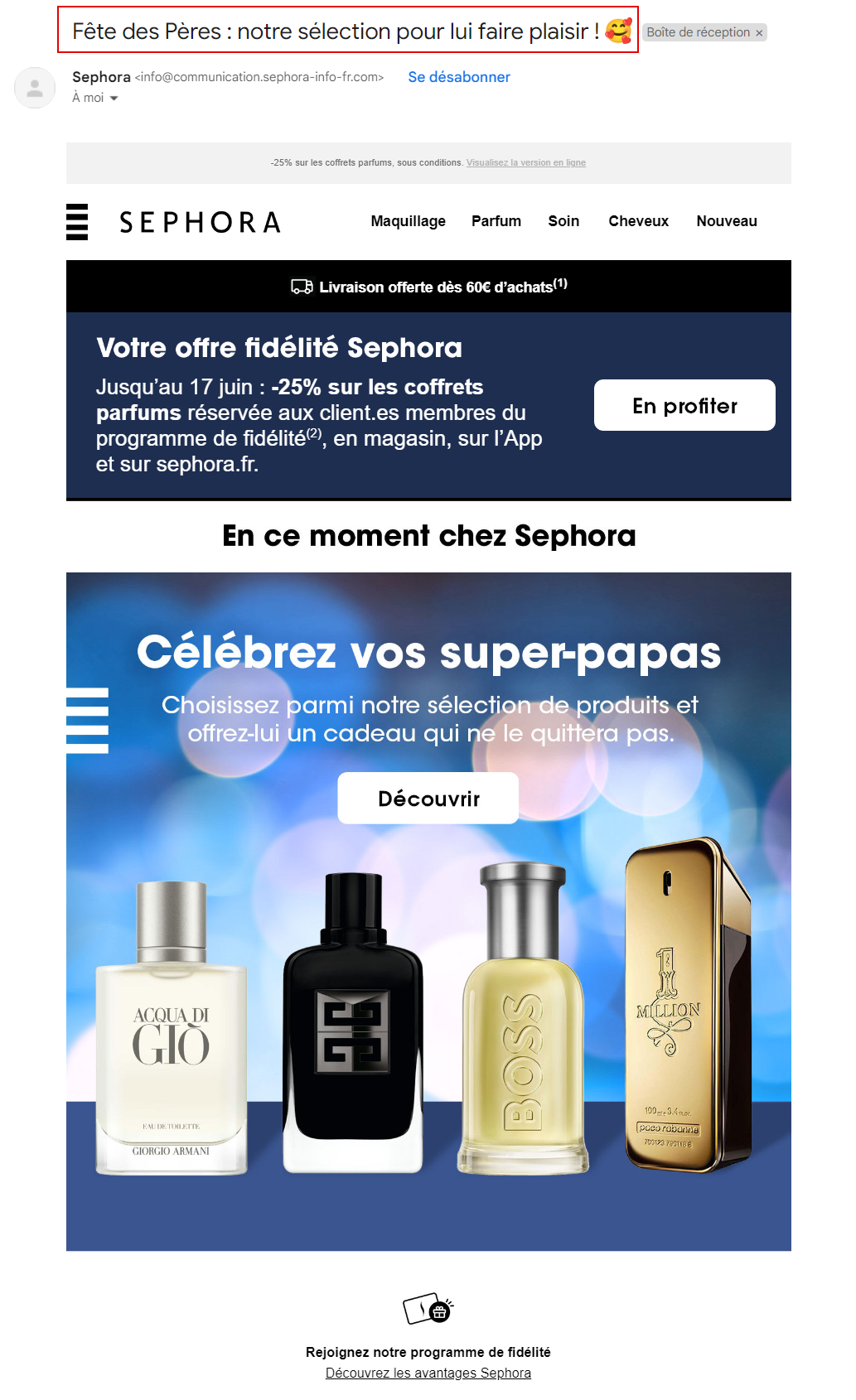 Un exemple de ligne d'objet Sephora