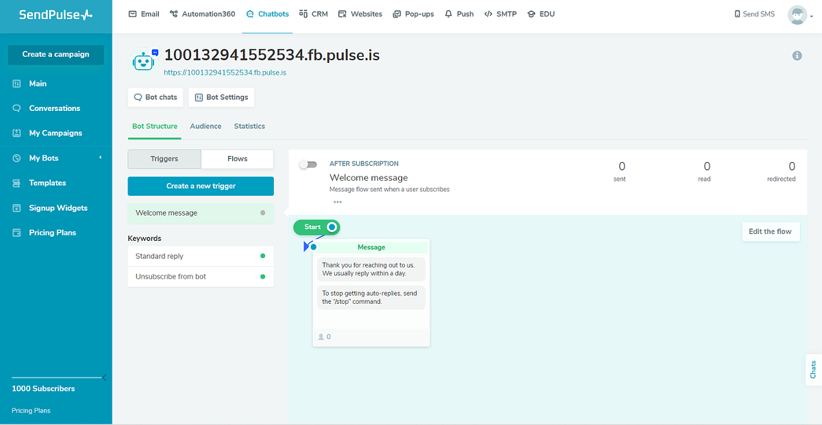 SendPulse te permite crear fácilmente un mensaje de bienvenida para tu chat en vivo