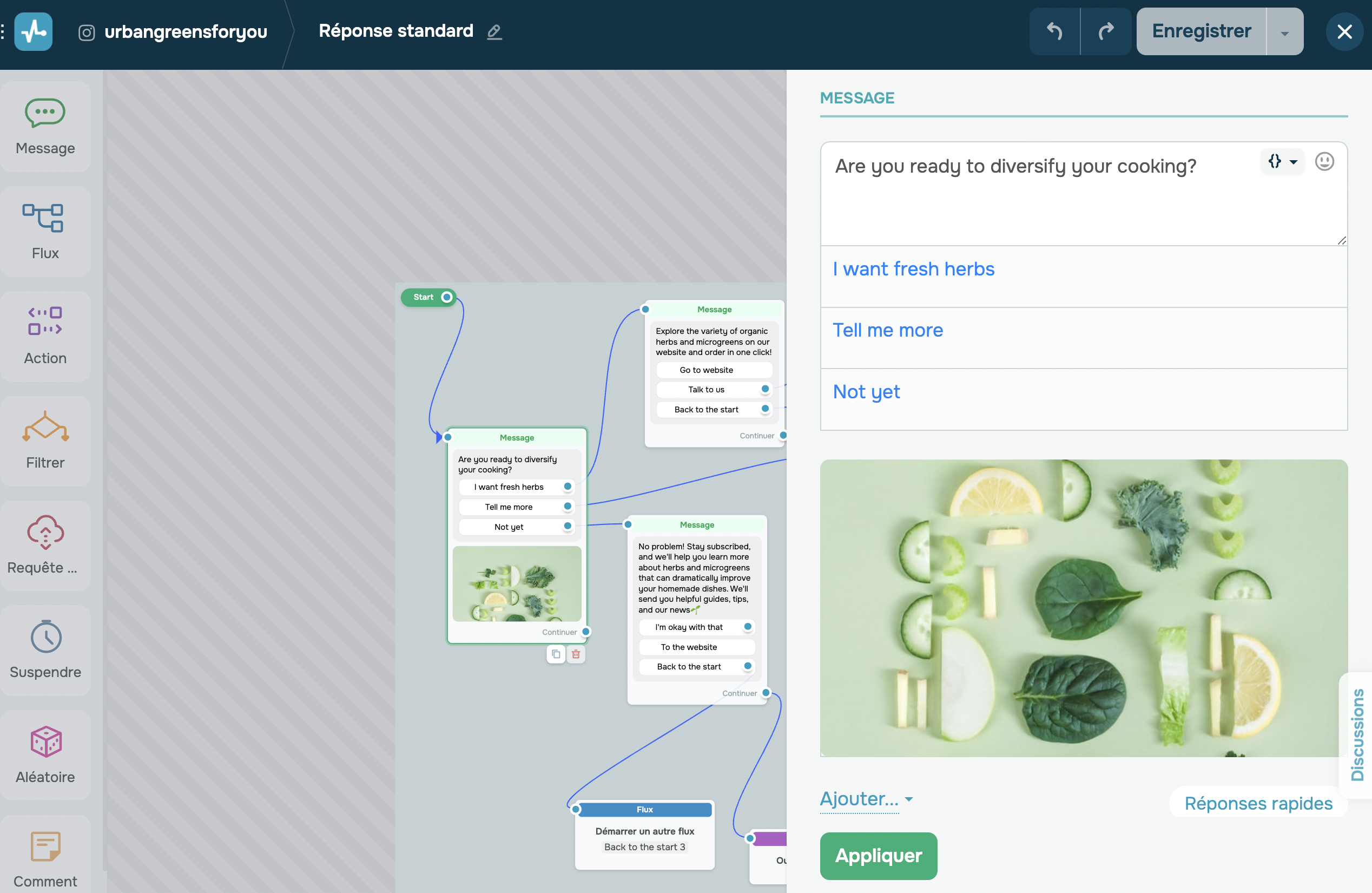 Configuration de l'élément « Démarrage » dans le générateur chatbot Configuration de l'élément « Démarrage » dans le générateur chatbot