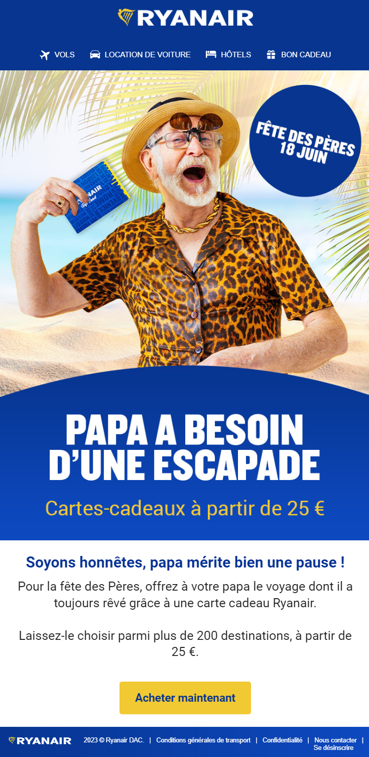 Un email promotionnel de Ryanair