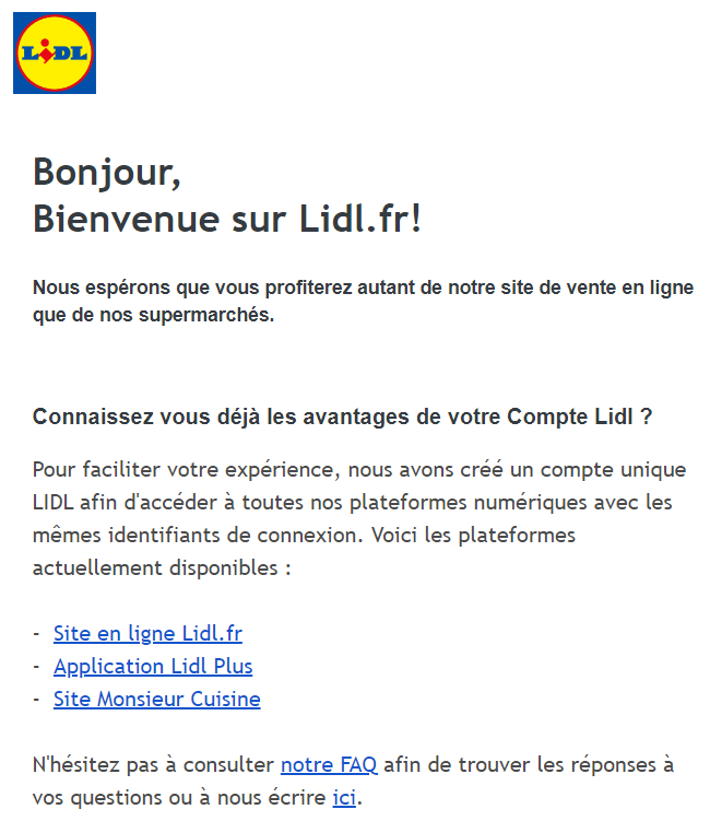 Un email de bienvenue de Lidl Un email de bienvenue de Lidl