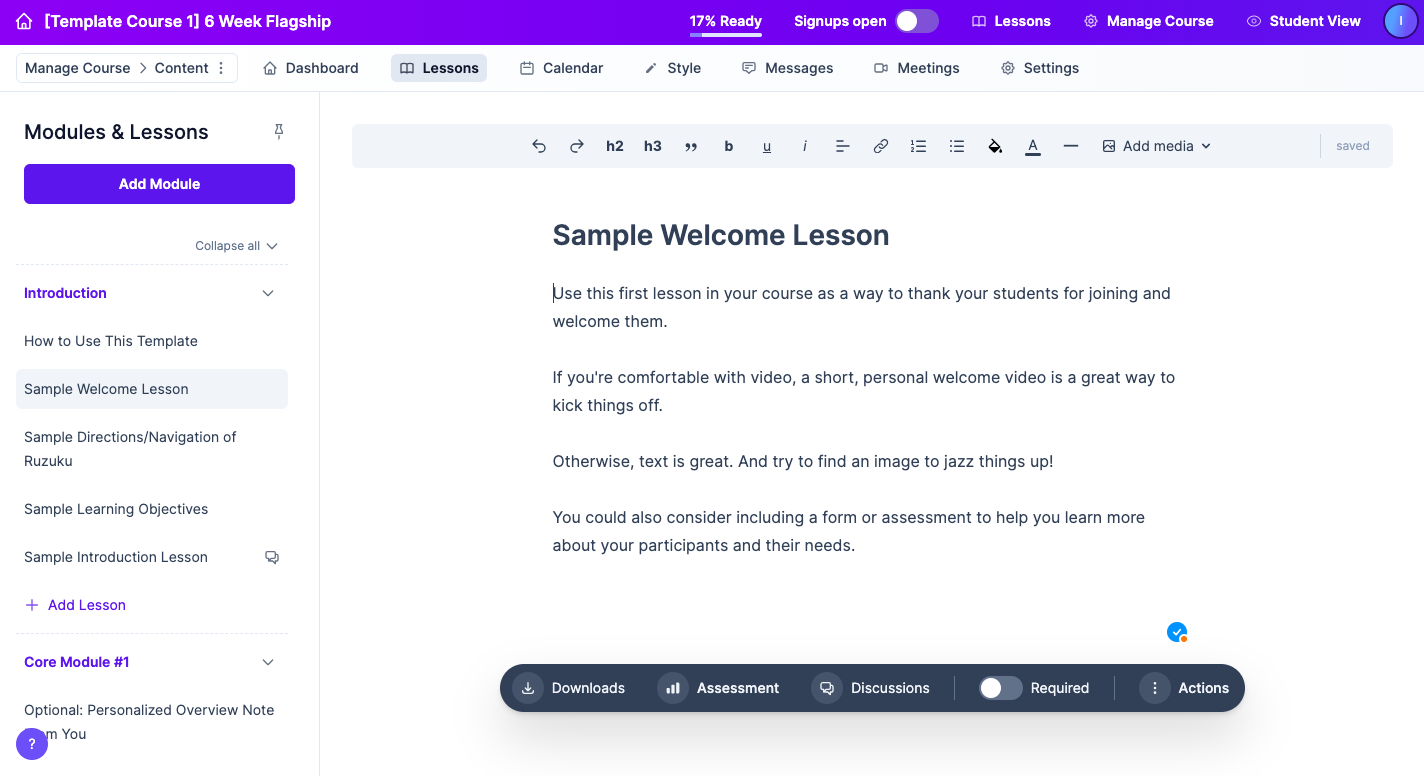 Adjusting an online course template in Ruzuku Adjusting an online course template in Ruzuku