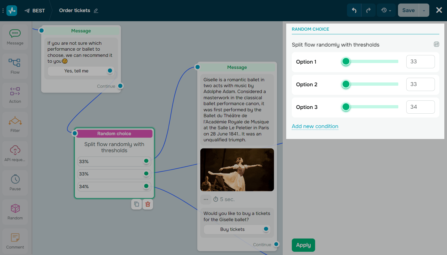conditions to randomly split the chatbot flow conditions to randomly split the chatbot flow