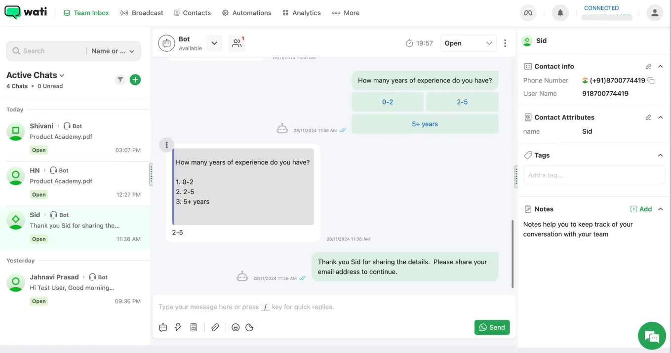Herramienta de chatbot de WhatsApp de Wati
