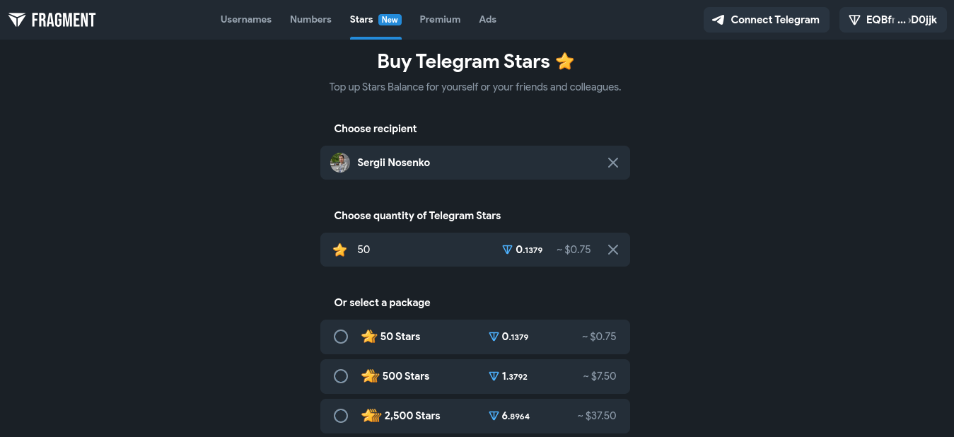 Купівля Telegram Stars через Fragment Купівля Telegram Stars через Fragment
