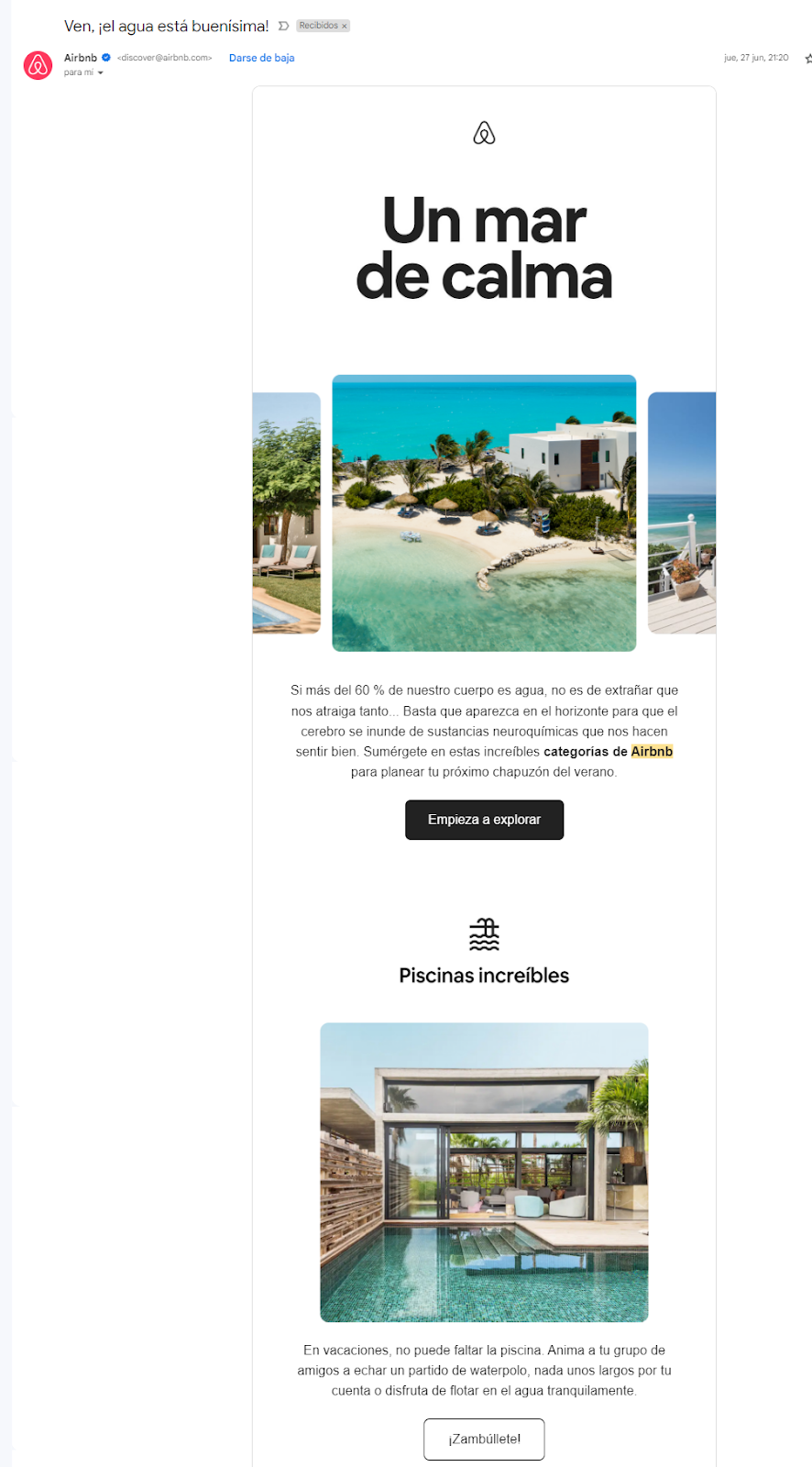 Airbnb utiliza llamados a la acción relajados y amigables con sus suscriptores Airbnb utiliza llamados a la acción relajados y amigables con sus suscriptores