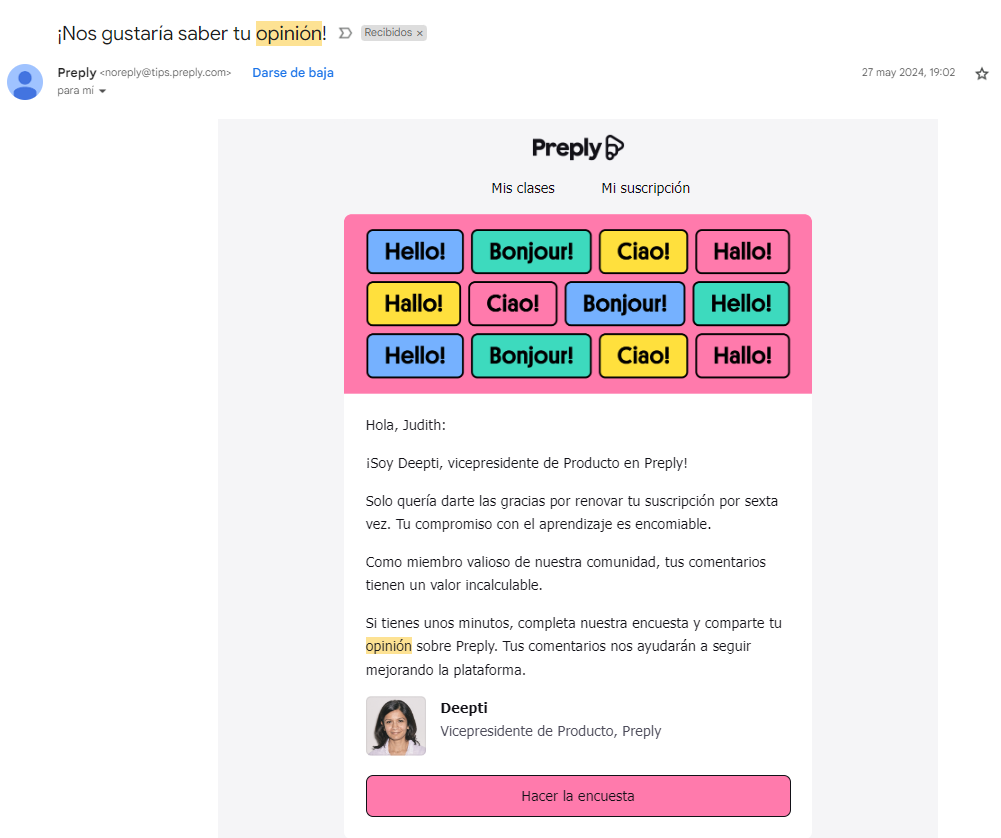 Un email también busca acciones específicas como responder encuestas de satisfacción Un email también busca acciones específicas como responder encuestas de satisfacción