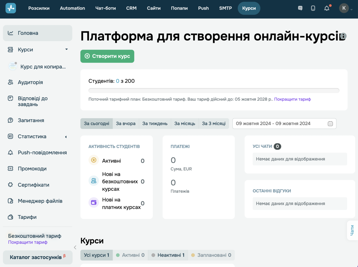 Скриншот з панелі керування онлайн-курсами у SendPulse Скриншот з панелі керування онлайн-курсами у SendPulse