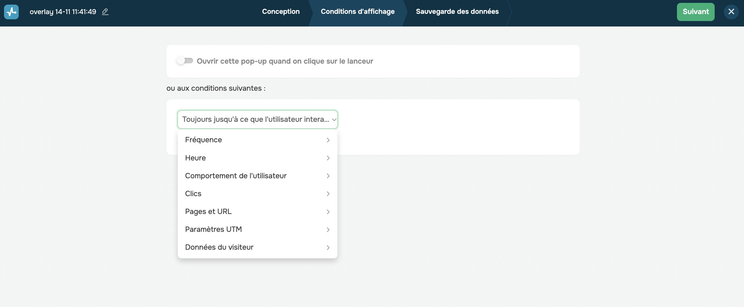 Configuration des conditions d'affichage des fenêtres contextuelles