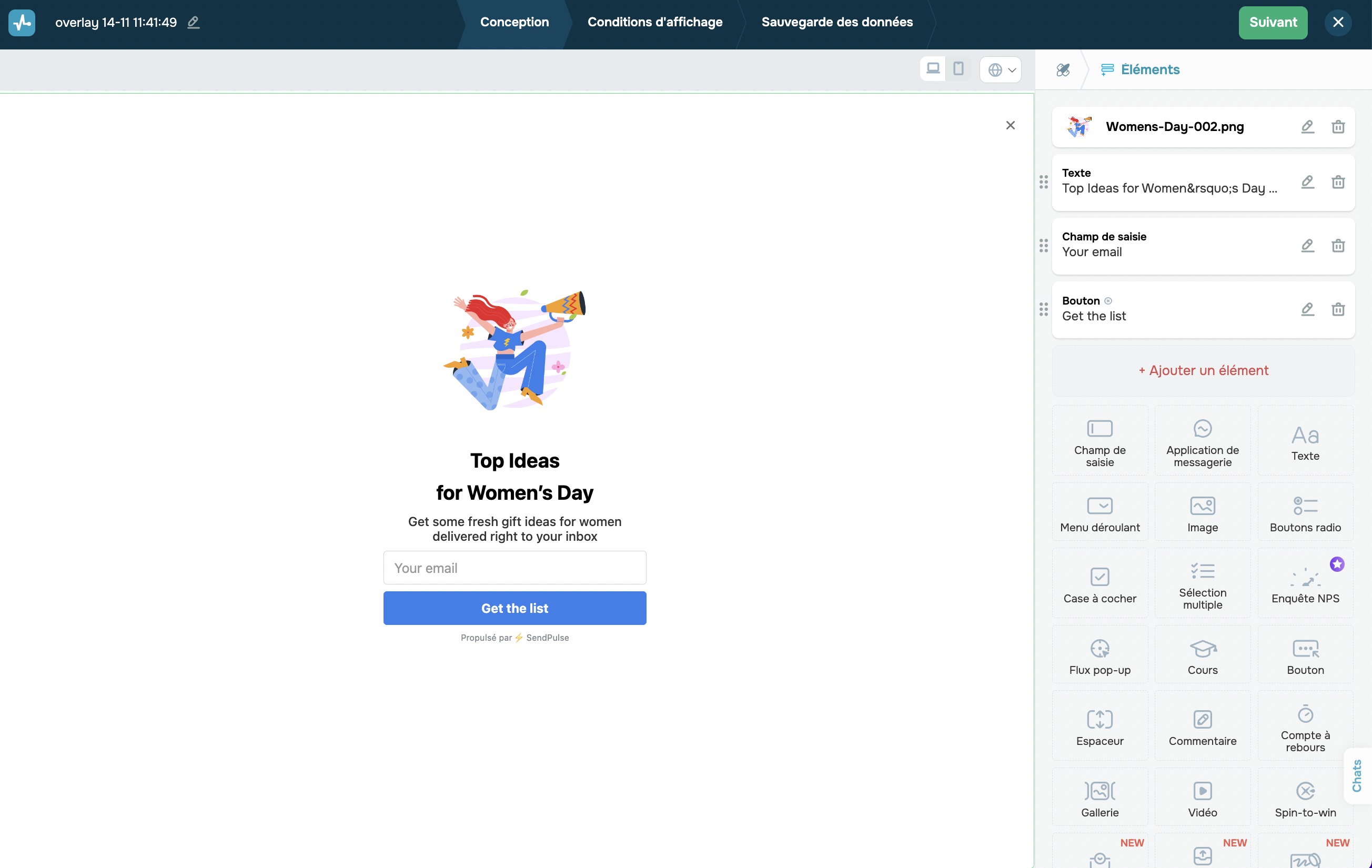 Personnalisation d'une fenêtre contextuelle créée dans SendPulse