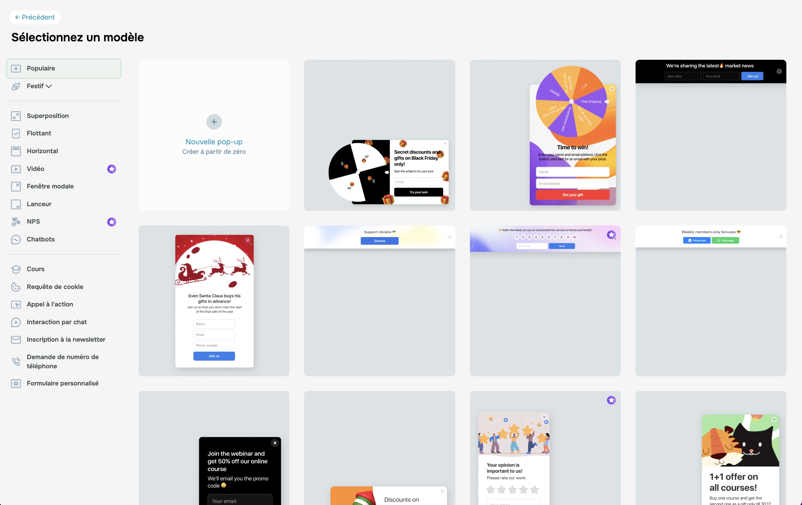 Une galerie de modèles de pop-up dans SendPulse