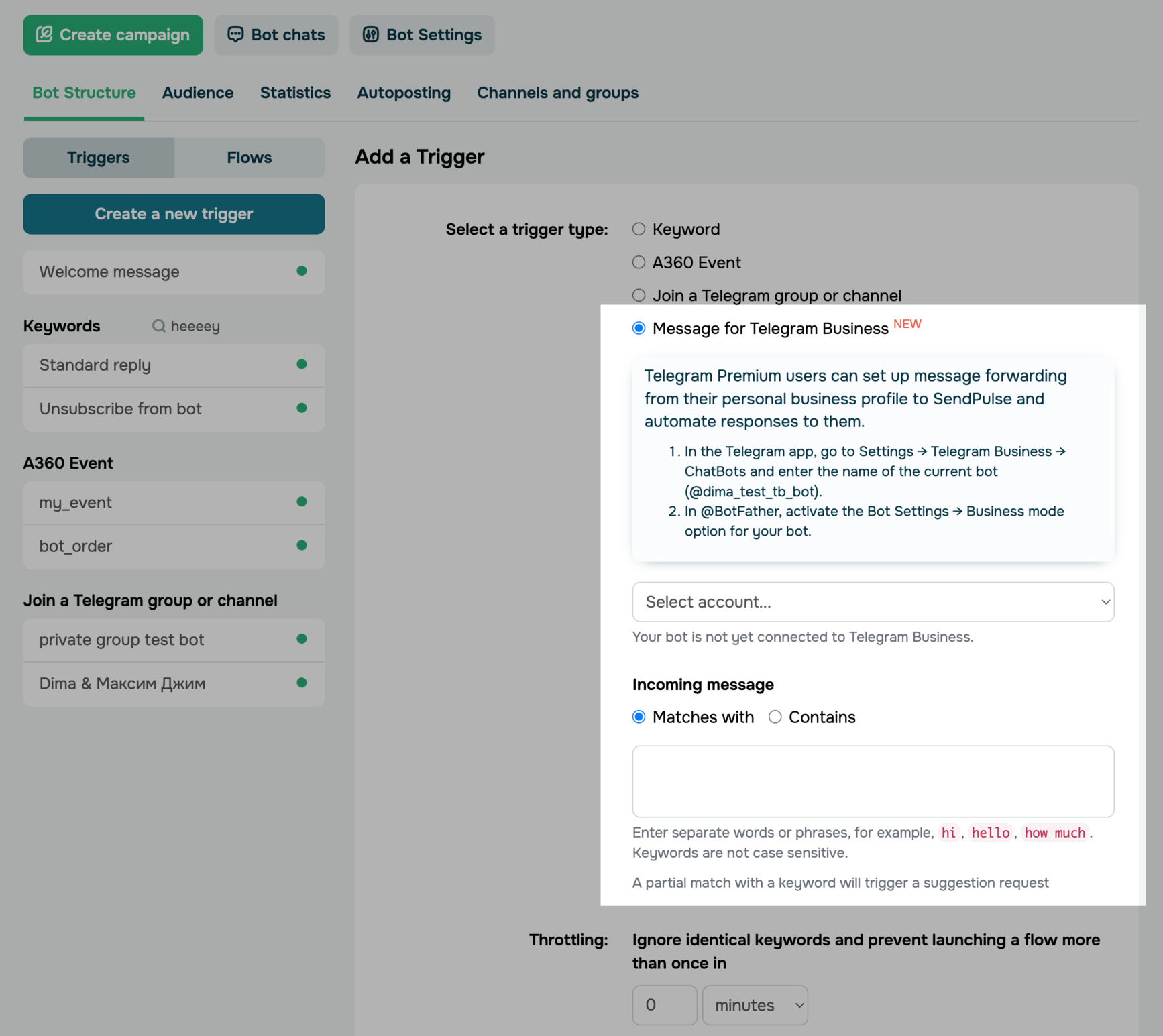 chatbot trigger for Telegram Business messages chatbot trigger for Telegram Business messages